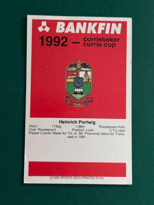 Rugby Card - Hein Portwig 1992 Sports Deck Rugby Card