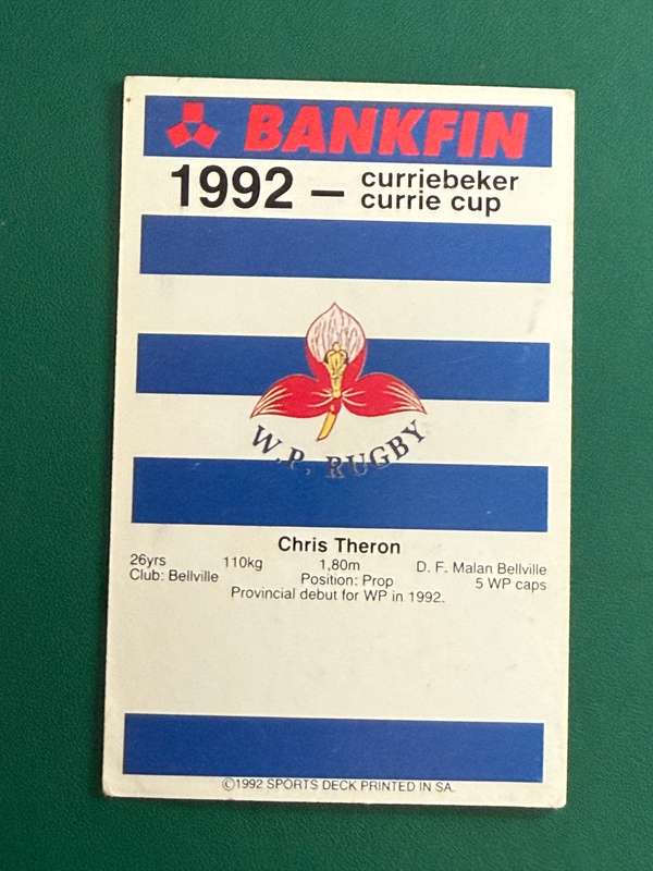 Rugby Card - Chris Theron 1992 Sports Deck Rugby Card