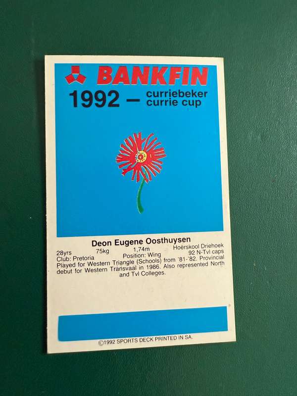 Rugby Card - Deon Oosthuysen 1992 Sports Deck Rugby Card