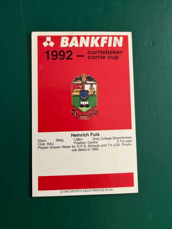 Rugby Card - Heinrich Fuls 1992 Sports Deck Rugby Card