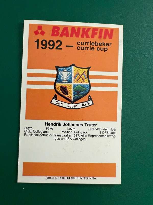 Rugby Card - Hendrik Truter 1992 Sports Deck Rugby Card
