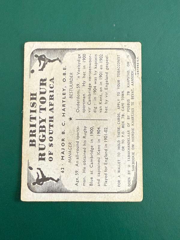 Rugby Card - Major BC Hartley United Tobacco 1938 Rugby Card