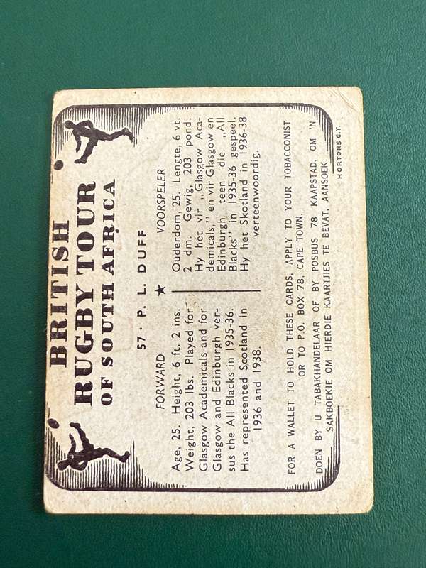 Rugby Card - PL Duff United Tobacco 1938 Rugby Card