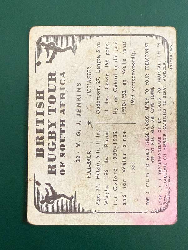 Rugby Card - VGJ Jenkins United Tobacco 1938 Rugby Card