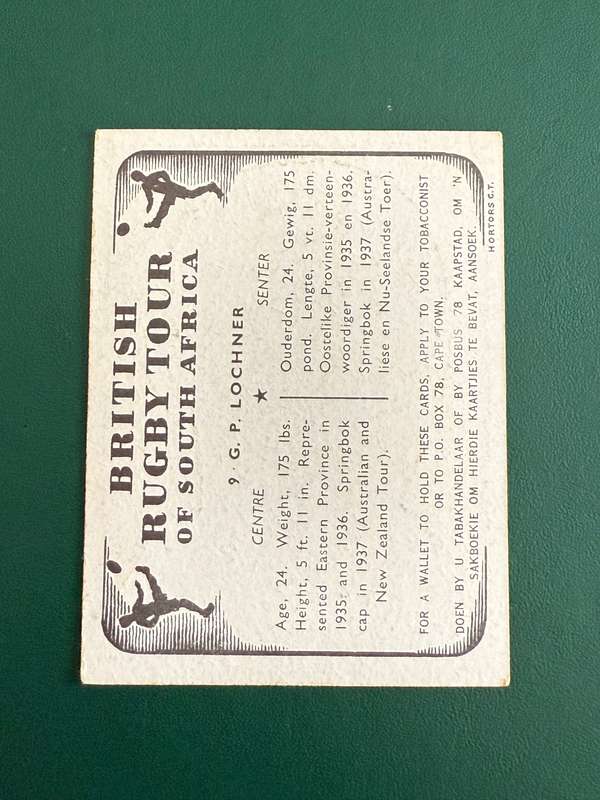 Rugby Card - GP Lochner United Tobacco 1938 Rugby Card