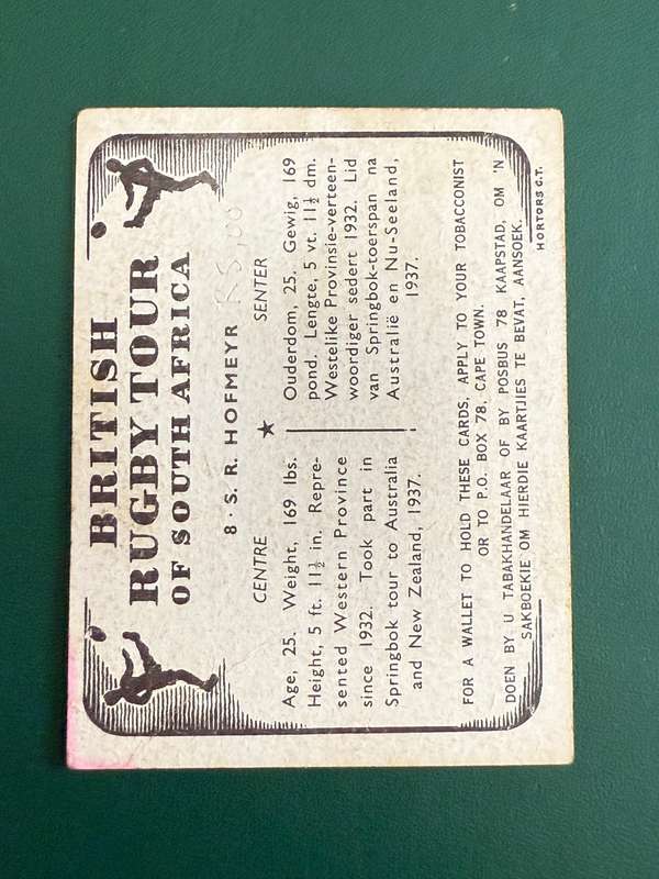 Rugby Card - SR Hofmeyr United Tobacco 1938 Rugby Card