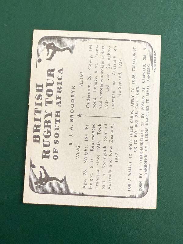 Rugby Card - SJA Broodryk United Tobacco 1938 Rugby Card