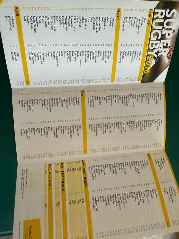 Rugby Itinerary - 2016 Super Rugby issued by Rawson