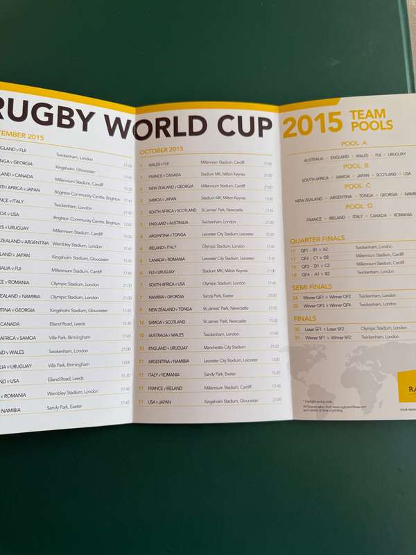 Rugby Itinerary - 2015 Rugby World Cup issued by Rawson