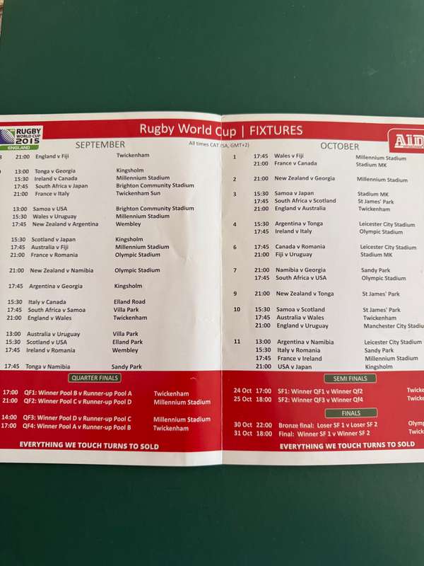 Rugby Itinerary - 2015 Rugby World Cup issued by Aida