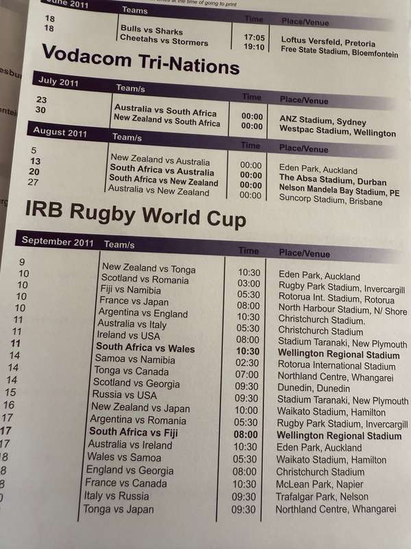 Rugby Itinerary - 2011 Rugby World Cup issued by Seeff