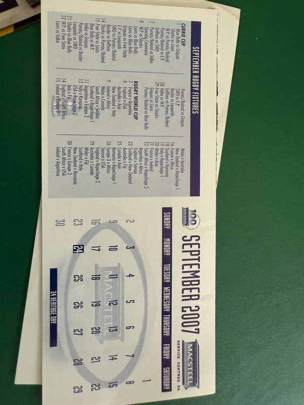 Rugby Itinerary - 2007 Rugby Calendar issued by Macsteel