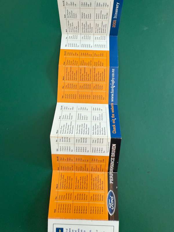 Rugby Itinerary - Super 12 2001 issued by Ford
