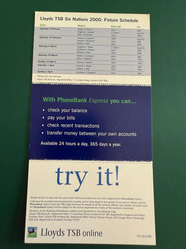 Rugby Itinerary - Six Nations 2000 issued by Lloyds TSB