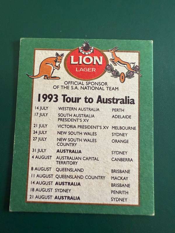 Rugby Itinerary - 1993 Rugby Tour of Australia issued by Lion Lager