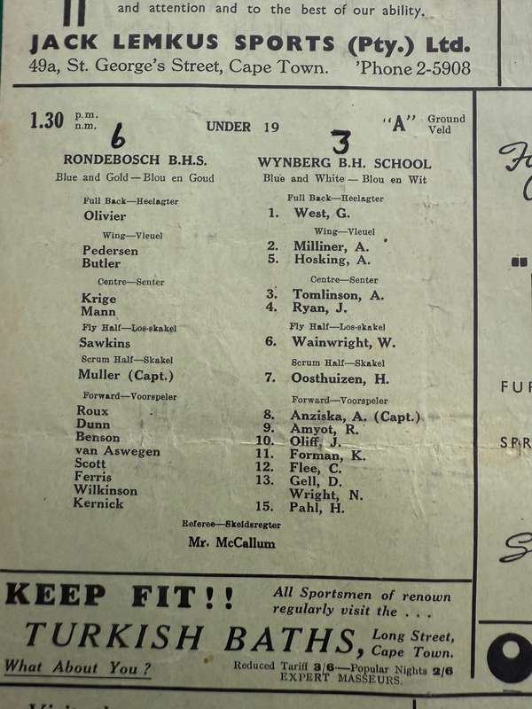 Rugby Programme - 1943 Western-Province Club Rugby (Newlands) 24/07/1943