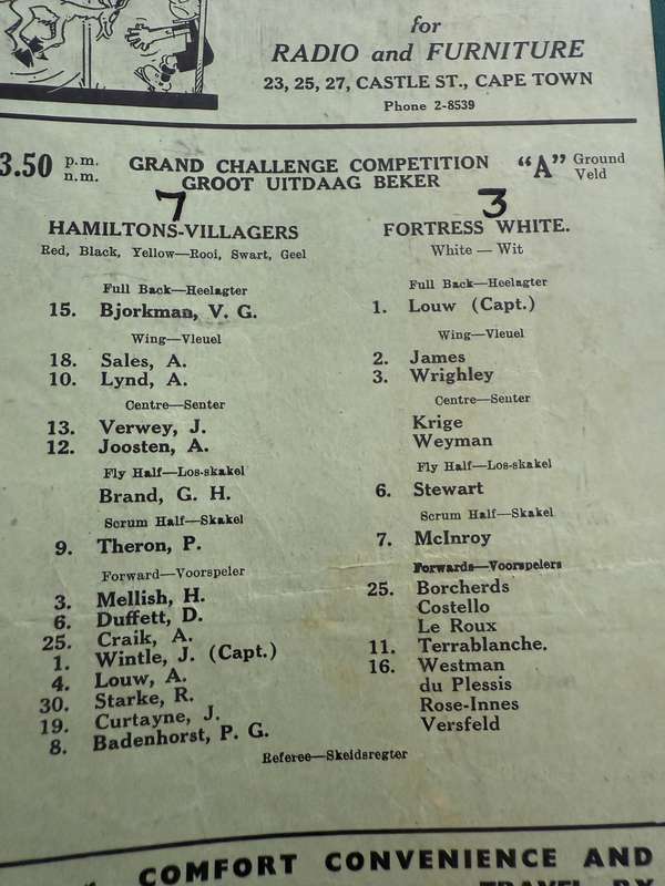 Rugby Programme - 1943 Western-Province Club Rugby (Newlands) 24/07/1943