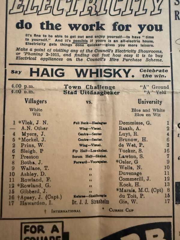 Rugby Programme - 1937 Western-Province Club Rugby (Newlands) 01/05/1937