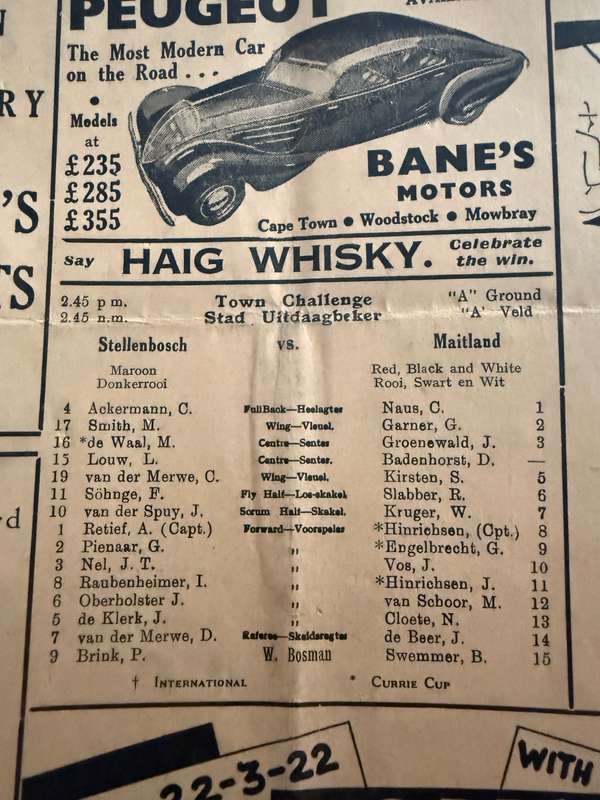 Rugby Programme - 1937 Western-Province Club Rugby (Newlands) 01/05/1937
