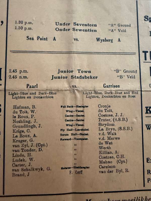 Rugby Programme - 1937 Western-Province Club Rugby (Newlands) 01/05/1937