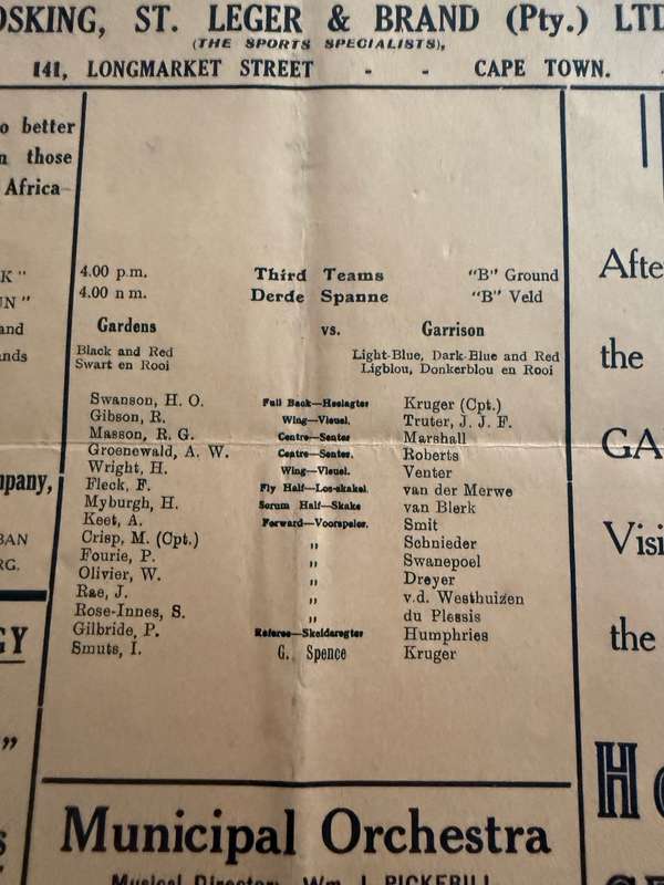 Rugby Programme - 1937 Western-Province Club Rugby (Newlands) 01/05/1937