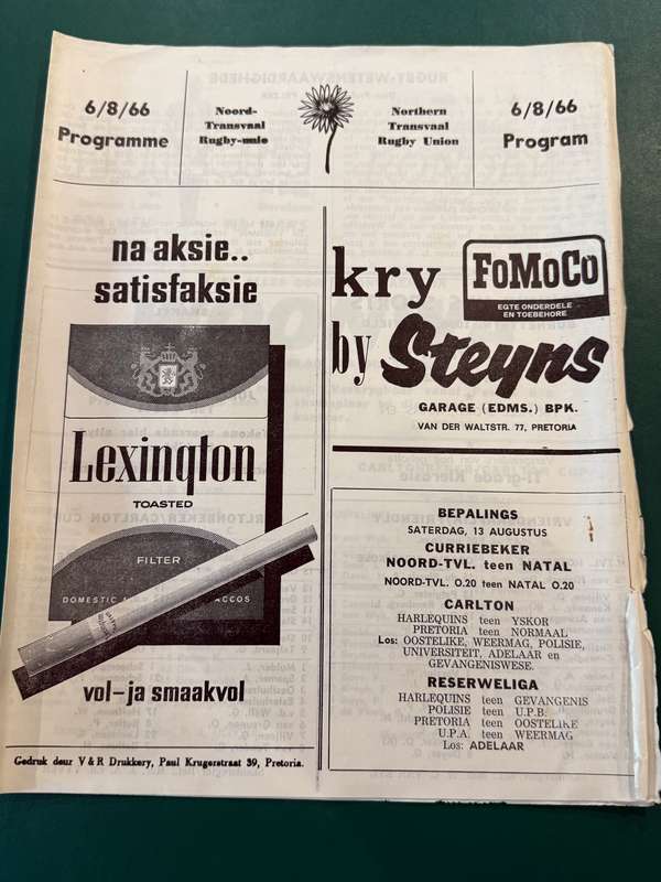 Rugby Programme - Western-Province vs Northern-Transvaal 06/08/1966