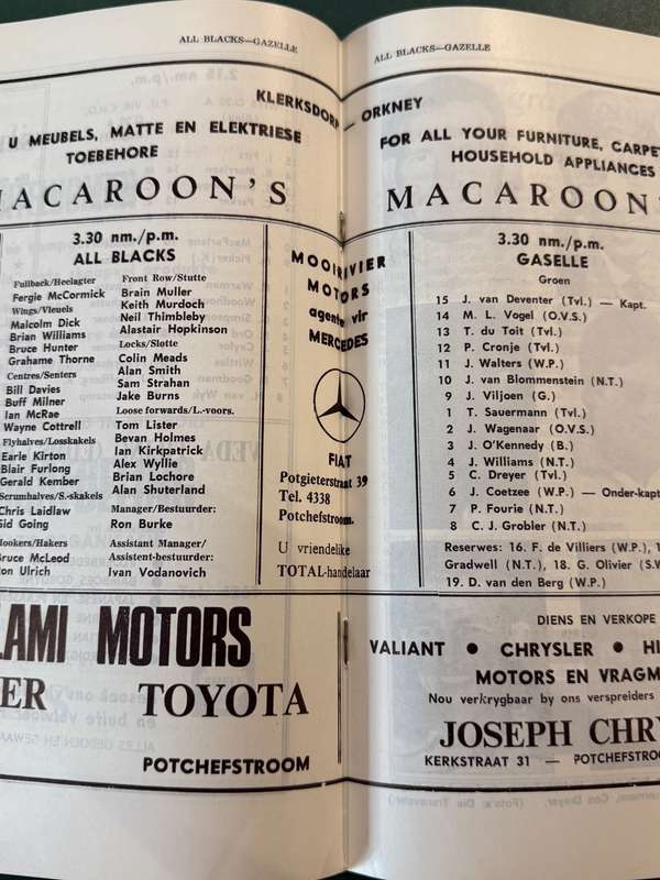 Rugby Programme - *TOUR* Gaselle vs All Blacks 07/09/1970 (Potchefstroom)