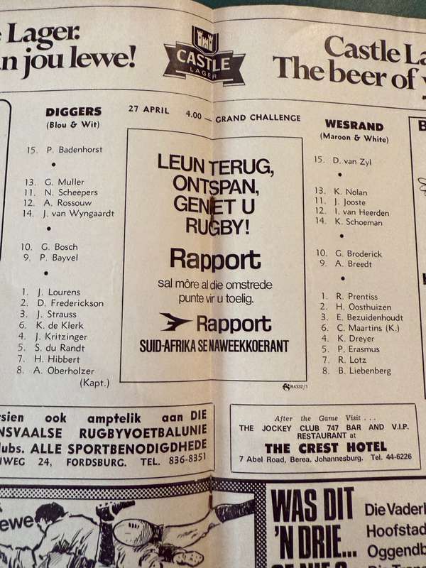 Rugby Programme - Digger vs Wes-Rand 27/04/1974 (Various Springboks)