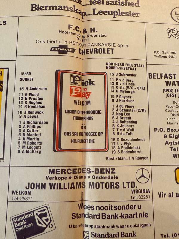 Rugby Programme - *TOUR* Surrey vs Northen-Free State 02/06/1978