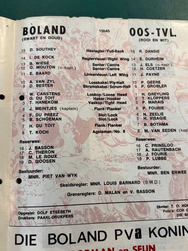 Rugby Programme - Boland vs Eastern-Transvaal 24/06/1978