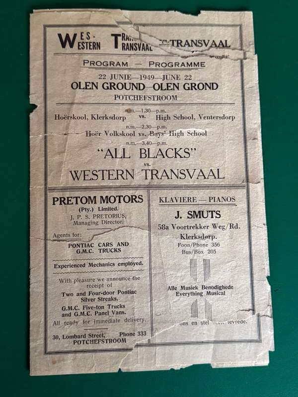 Rugby Programme - Western-Transvaal vs New-Zealand All Blacks 22/06/1949