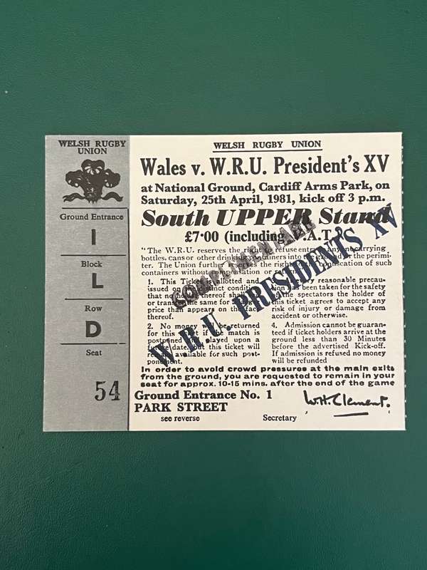 Rugby Ticket - Wales vs WRU Presidents XV 25/04/1981