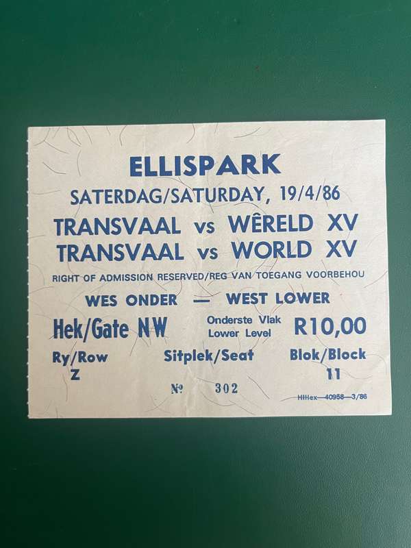 Rugby Ticket - Transvaal vs World XV 19/04/1986
