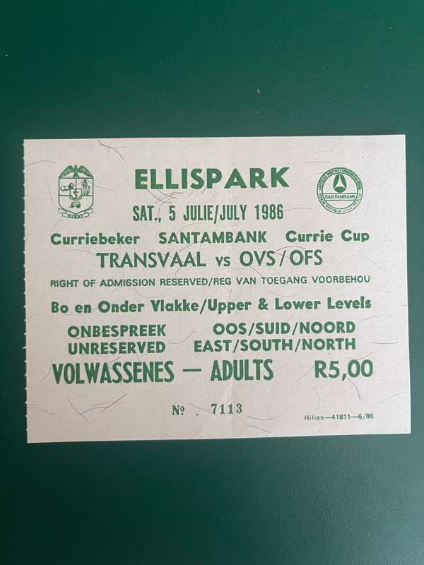 Rugby Ticket - Transvaal vs Free State 05/07/1986 (Currie Cup)