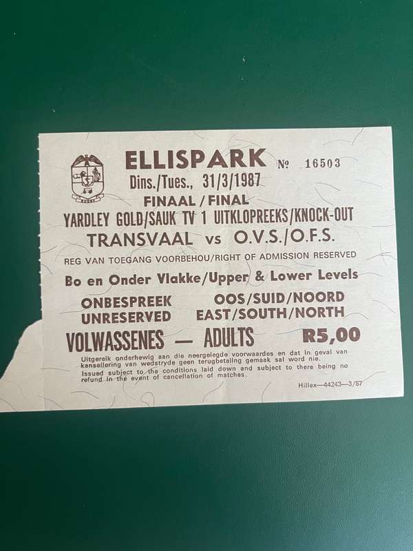 Rugby ticket - Transvaal vs Free State 31/03/1987 (FINAL:Yardley Cup)