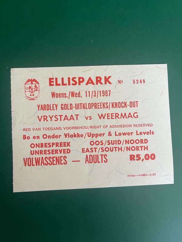 Rugby Ticket - Vrystaat vs Weermag 11/3/1987 (Yardley Gold Cup)