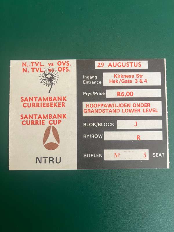 Rugby Ticket - Noord-Transvaal vs Free State 29/08/1987