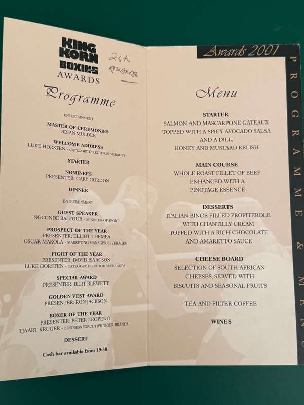 Boxing Menu - 2001 King Korn Boxing Awards