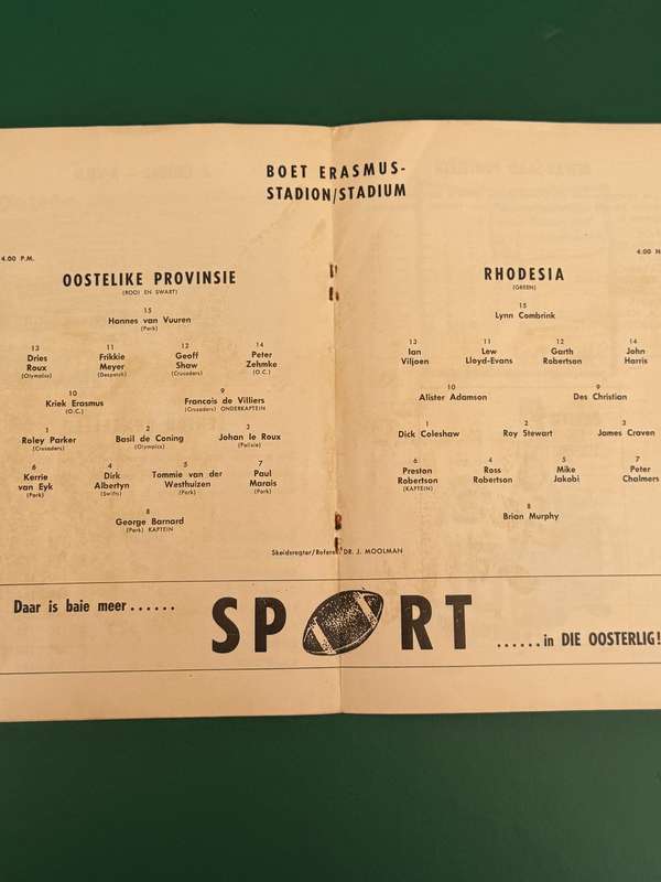 Rugby Programme - Eastern-Province vs Rhodesia 06/09/1972