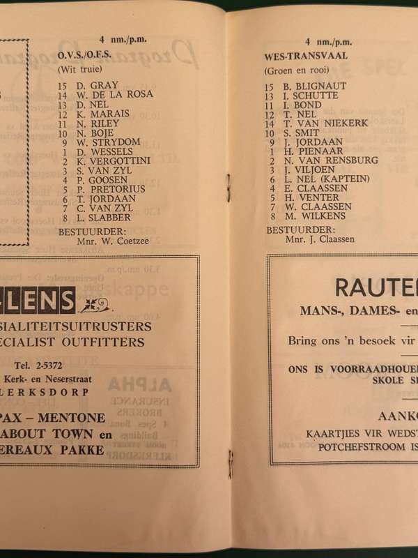 Rugby Programme - Western-Transvaal vs Free State 1/05/1965 (Klerksdorp)