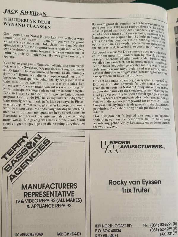 Rugby Tribute Brochure - *SIGNED by Frik/Mof etc* Jack Sweidan 22/06/1990