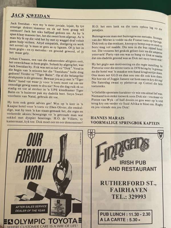 Rugby Tribute Brochure - *SIGNED by Frik/Mof etc* Jack Sweidan 22/06/1990
