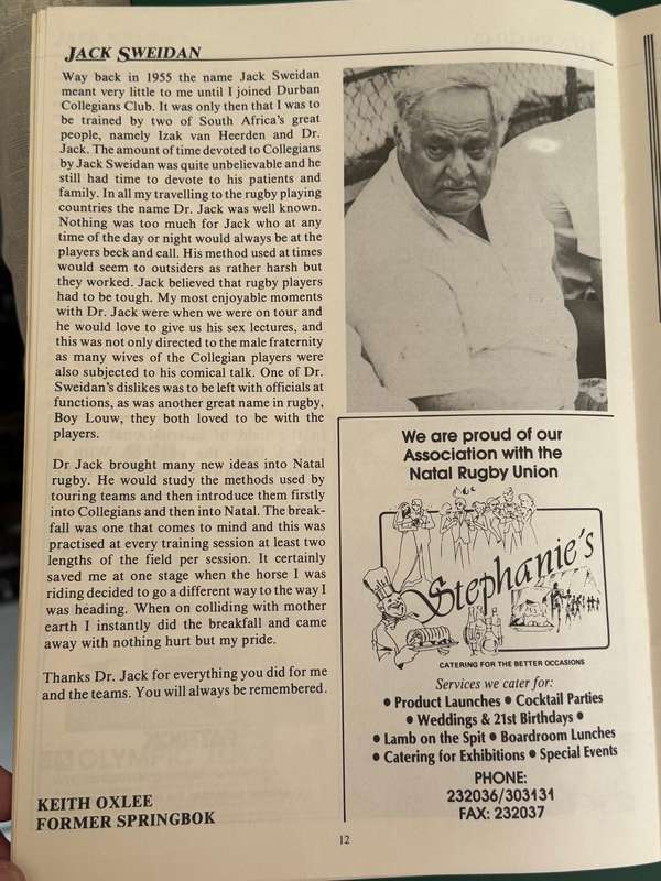 Rugby Tribute Brochure - *SIGNED by Frik/Mof etc* Jack Sweidan 22/06/1990
