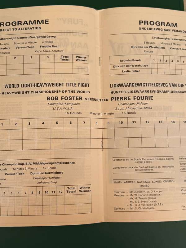 Boxing Programme - Pierre Fourie vs Bob Forster 1/12/1973