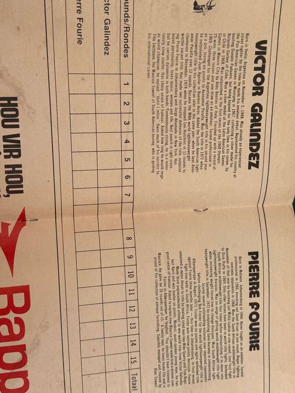 Boxing Programme - Pierre Fourie vs Victor Galindez (Argentina) 13/09/1975