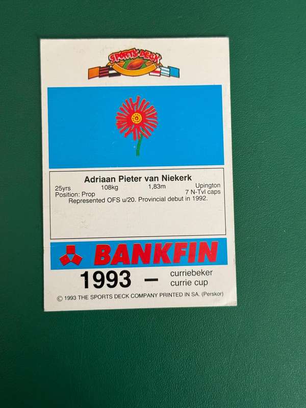 Rugby Card - Riaan van Niekerk 1993 Sports Deck Rugby Card