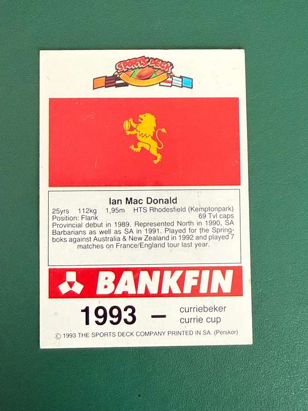 Rugby Card - Ian Macdonald 1993 Sports Deck Rugby Card
