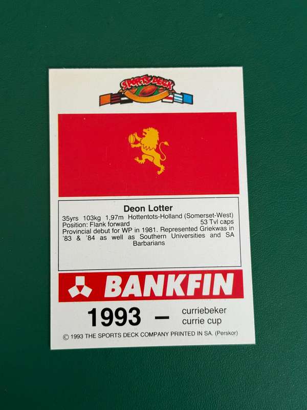 Rugby Card - Deon Lotter 1993 Sports Deck Rugby Card