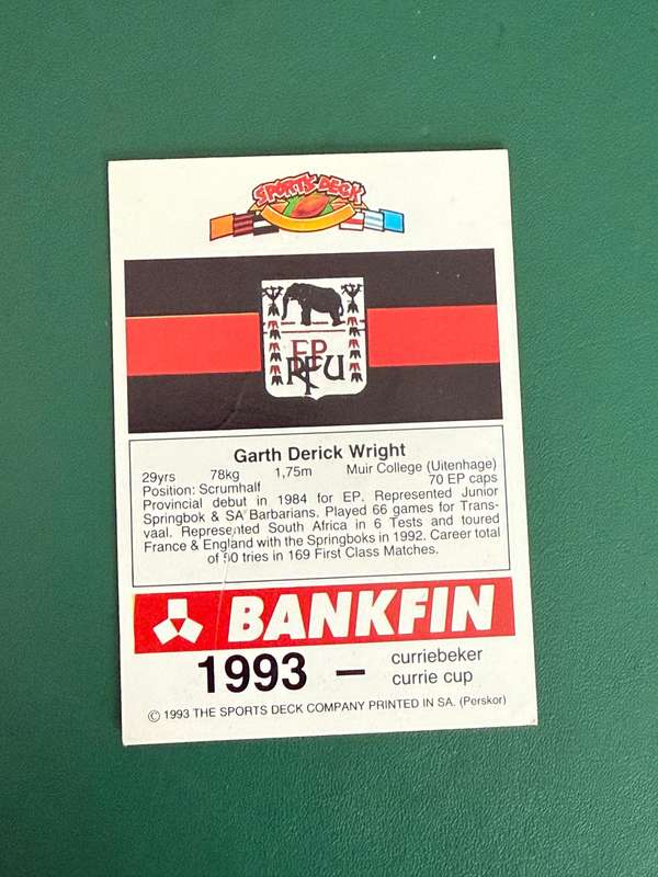 Rugby Card - Garth Wright 1993 Sports Deck Rugby Card