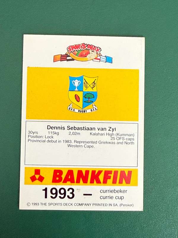 Rugby Card - Dennis Van Zyl 1993 Sports Deck Rugby Card